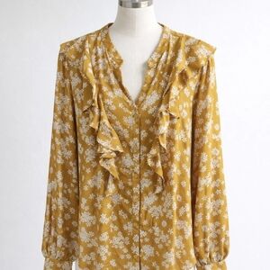 Ann Taylor Mustard Floral Ruffle Blouse